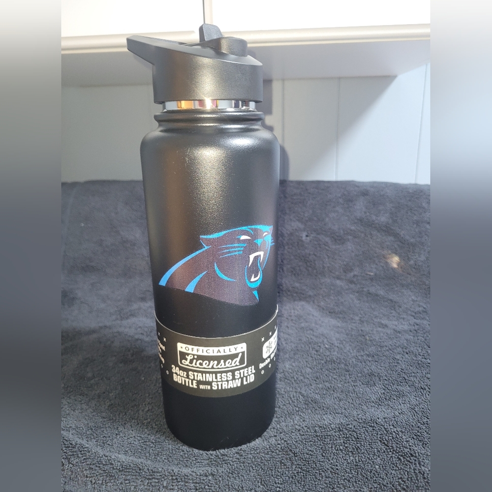 Panthers Logo 34oz Black Stainless Steel Water Bottle with Straw Lid
